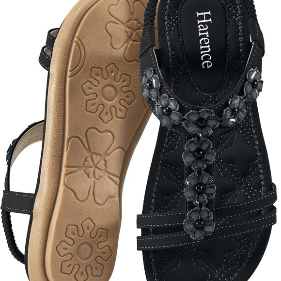 Women's Summer Flat Sandals Faux Leather Beaded Slip On Beach Shoes - Picture 1 of 6